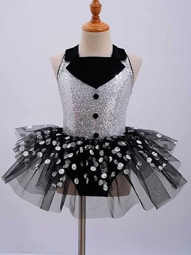 inlzdz Girls Kids Sequins Straps Back Tuxedo Leotard Tutu Dress Ballet Jazz Latin Modern Dance Performance Circus Costume thumbnail 3