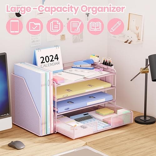 OPNICE Desk Organizer and Accessories, 4-Tier Desktop File Organizer with Drawer and 2 Pen Holders, Office Desk Accessories, File Sorters, Workspace Organizers for Office Supplies(Pink) thumbnail 4