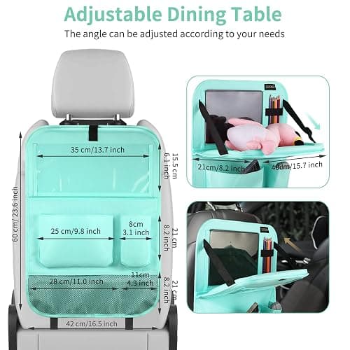 LUCMO Car Backseat Organizer with Tablet Holder-2 Pcs,6 Storage Pockets Car Storage Organizer with Foldable Food Tray,Protectors Kick Mats Travel Accessories-Light Blue thumbnail 3