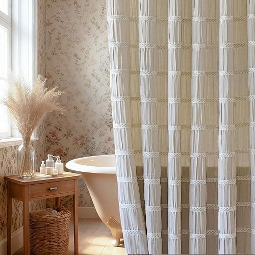 Siiluminisoy Cream Shower Curtain Fabric Rustic Shower Curtain Farmhouse Striped Cotton Blend Thick Boho Shower Curtains for Country Bathroom Decor, (Beige, 72 x 72) thumbnail 5