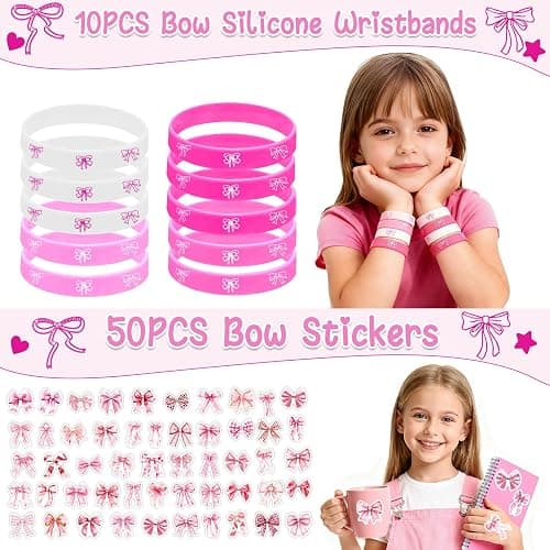 Pink Bow Party Favors for Girls 110pcs Coquette Bow Goodie Gift Bags with Notebook Pen Mirror Stickers Wristband, Girly Pink Party Supplies Bridal Shower Gifts Childrens Day Birthday Party Decorations thumbnail 6