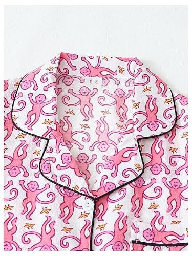 WDIRARA Women's Two Piece Animal Print Short Sleeve Button Shirt and Elastic Waist Shorts Pajama Set - Small - Pink Multicolor thumbnail 3