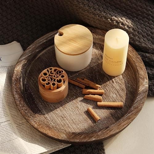 Hanobe Candle Plate Holder Tray: Round Wood Decorative Candle Plate Decor Farmhouse Table Centerpiece Rustic Wood Tealight Pillar Trays for Christmas Wedding Halloween Home Decor thumbnail 2