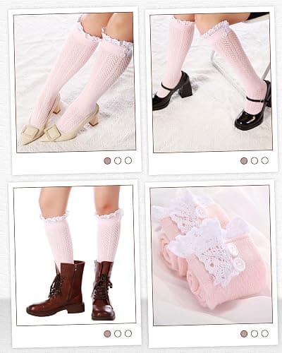 Syhood 2 Pair Long Button Boot Socks with Lace Trim Knit Boot Stockings Knee High Socks for Women Oktoberfest German Dirndl thumbnail 2