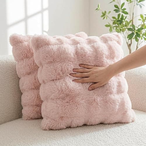 Neelvin Set of 2 Decorative Cushion Covers Thick Plush Wool Pink Throw Pillow Covers 40x40 cm,16x16 Inches Pillowcase Plush fluffy for Couch Livingroom Sofa Bedroom thumbnail 3