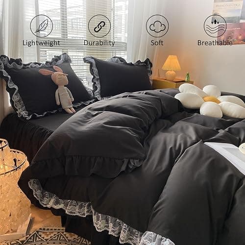 Black Ruffle Duvet Cover Sets 3 Pieces Lace Bedding Set with 2 Pillowcases Double Soft Breathable Microfiber Duvet Cover 200 x 200 cm thumbnail 4
