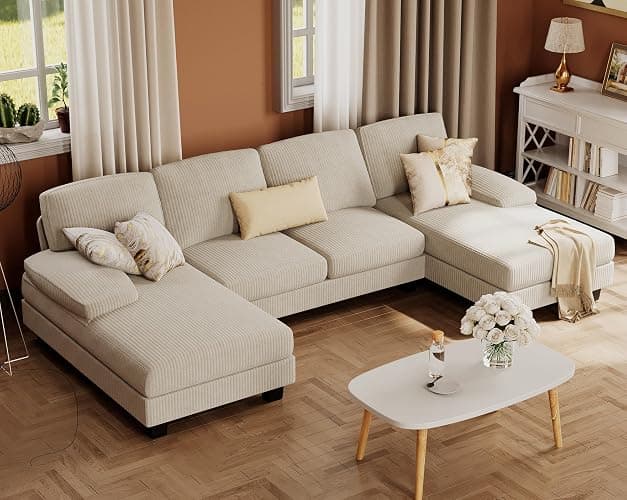 Furmax Sectional Couches for Living Room, Corduroy, Beige | U-Shaped Sofa Couch with Linen Fabric, 4 Seat Sofa Set with Double Chaise for Apartment - Image 1