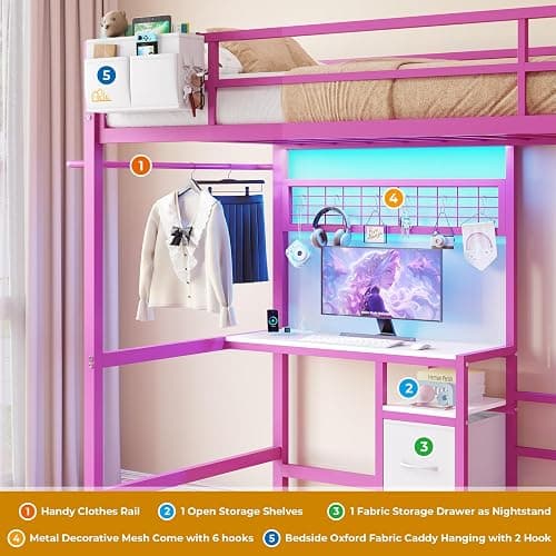 DICTAC Bunk Bed with Desk and Charging Station Metal Loft Bed Twin Size with Led Lights & Storage Shelves and Drawers L-Shaped Twin Over Twin Size Bunk Bed for Teen,Safety Guardrail and Ladder,Pink thumbnail 7