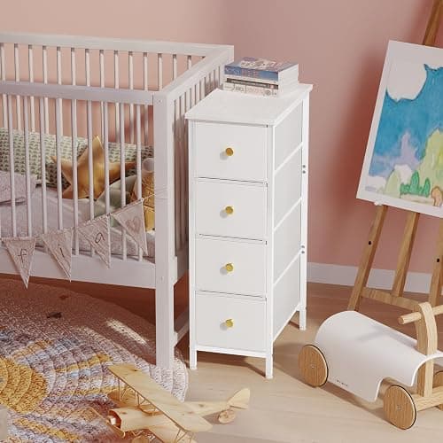 Fixwal Narrow Storage Cabinet, Slim Dresser with 4 Fabric Drawers, White | 9.5in width, sturdy & stable structure, solid steel frame, wooden top, suitable for bedroom, bathroom & laundry room thumbnail 6