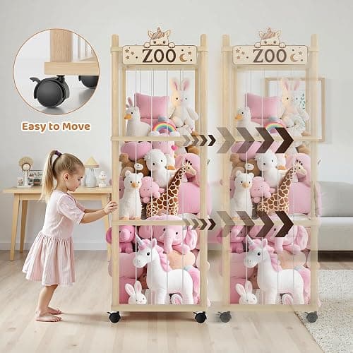 Stuffed Animal Storage Zoo Tower,56In Wooden Large Stuffed Animal Holder Organizer with Wheels,Stuffy Plushies Storage with Elastic Band&Mesh Bottom,Toy Storage Organizers for Playroom Bedroom Nursery thumbnail 7