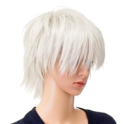 SWACC Unisex Fashion Spiky Layered Short Anime Cosplay Wig for Men and Women (White) thumbnail 4