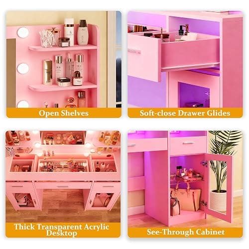 HUAHUU Vanity Desk, Makeup Vanity Desk with Mirror and Lights 3 Colors, Transparent Top with 3 RGB Drawers, 6 Shelves, 2 Large Tempered Cabinets, Power Outlet, for Bedroom, Pink thumbnail 5