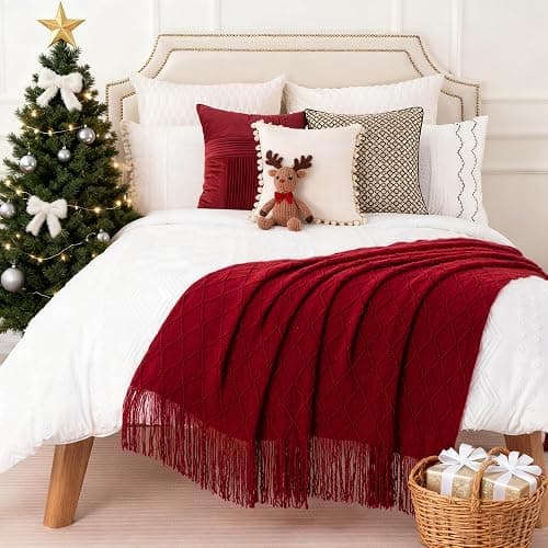 BATTILO HOME Christmas Decor Red Throw Blanket for Couch, Boho Bed Throws for Foot of Bed, Decorative Red Throws for Sofa Living Room, 50"x60" thumbnail 3
