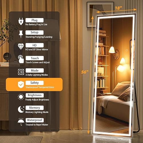 HASIPU Full Length Mirror with Lights, 56" x 18" LED Lighted Floor Standing Mirror, Full Body Dressing Hanging Mounted Mirror, Dimmable, Tempered Glass, Safe to Use, Square Black thumbnail 6