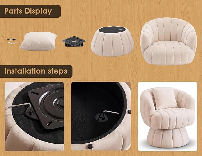 Mistpople Mid Century Modern 360 Degree Barrel Swivel Accent Sofa Chair,Fluffy Velvet Fabric Lounge Wide Upholstered Pumpkin Reading Chair, Round Cloud Armchair for Living Room,Bedroom,Vanity(Beige) thumbnail 6