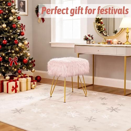 MOOWIND Vanity Stool Chair with Storage, Soft Ottoman Seat Vanity Stool with Anti-Slip Feet, Fluffy Padded Seat Multifunctional Footrest Side Table with 4 Metal Legs for Makeup, Bedroom, Pink thumbnail 4