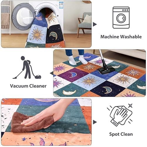 Boho Sun and Moon 3x5 Rug Washable Indoor Thin Doormat, Vintage Mystical Celestial Checkerboard Entryway Rugs Non Slip, Hippie Retro Aesthetic Cute Astrology Throw Rugs for Kitchen Bedroom thumbnail 7