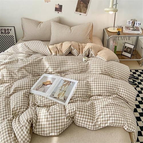 Michorinee Housse de Couette Carreaux Vichy 140x200 Beige Marron - Parure de Lit Adulte 1 Personne en Microfibre - Linge de Lit à Carreaux Réversible avec Taie d'oreiller 65x65 cm thumbnail 3