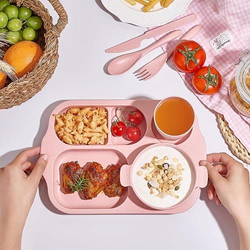 Hlukana 24 Pcs Wheat Straw Dinnerware Cutlery Set, Unbreakable Tableware Set, Including Kids Toddlers Divided Plates, Bowls, Cup, Cutlery Spoons Knifes Forks, BPA Free, Microwave Dishwasher Safe thumbnail 7