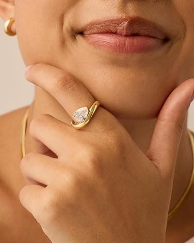 PAVOI 14K Gold Plated Wavy Engagement Ring for Women | Solitaire Cubic Zirconia Wedding Band & Promise Rings for Her | Trendy Fashion Jewelry thumbnail 4