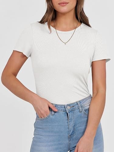 ANRABESS Women Short Sleeve Crewneck Ribbed Knit Slim Fitted Shirts Summer Tops Basic Tee Casual 2025 Fall Outfits Clothes thumbnail 7