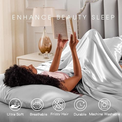 FreshCulture Satin Sheets Queen Size Bed Set- 4 Piece Luxury Soft Silky Queen Sheet Set, Similar to Silk Bed Sheets with 1 Deep Pocket Fitted Sheet, 1 Flat Sheet & 2 Pillowcases (Silver Grey) thumbnail 7