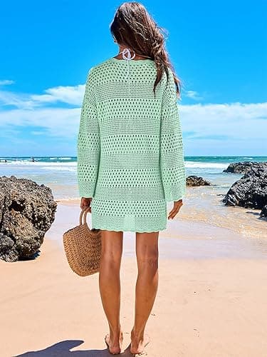 ANRABESS Women Swimsuit Crochet Swim Cover Up 2025 Summer Bathing Suit Swimwear Mesh Knit Beach Dress Vacation Outfits - Light Green - Small thumbnail 5