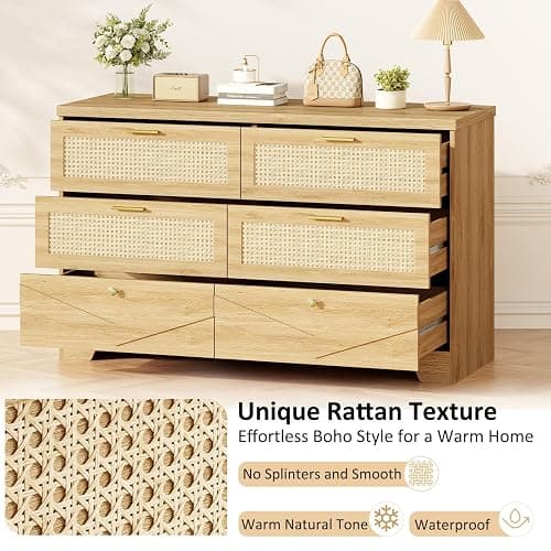 IBF Rattan Dresser for Bedroom, Wood Boho 6 Drawer Dressers, Large Dresser Chest of Drawers for Closet, Wide Clothes Storage Organizer with Deep Drawers for Living Room and Hallway, 51.2 Inch, Oak thumbnail 3
