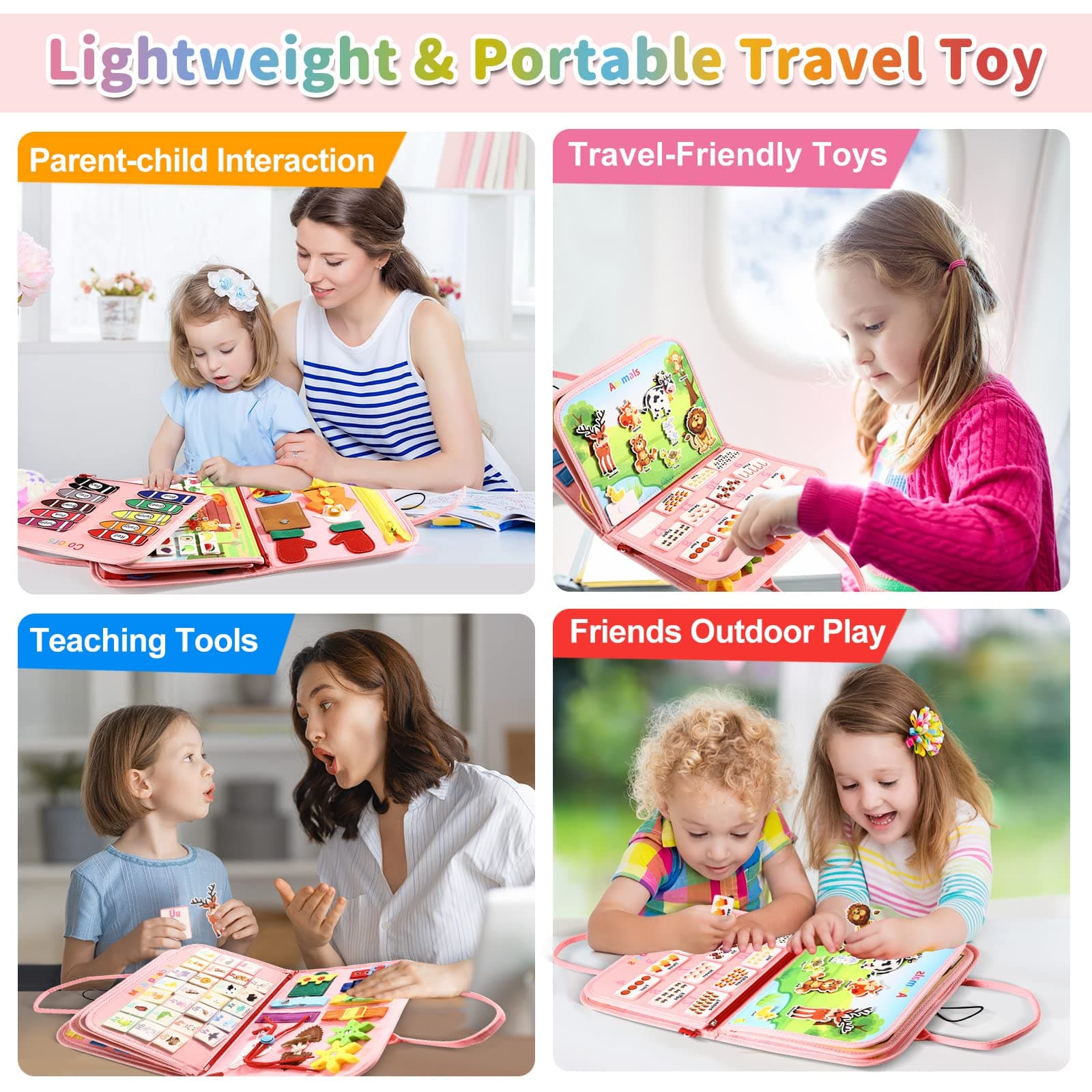 Busy Board Bag for Toddler with Zipper Removable 5 Page, Sensory Activity Developing Board Toys for Preschool, Quiet Book Educational Toys, Montessori Learning Early Education Travel Toy(Pink) thumbnail 6