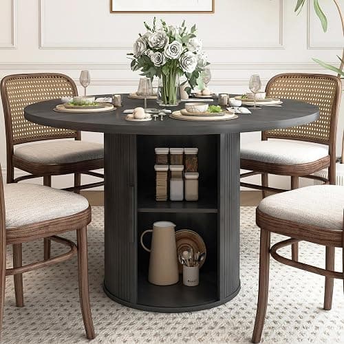weselon 47 inch Round Dining Table for 4, Kitchen Table Dinner Table with 2-Layer Storage Shelf and Wood Slide Door for Home Dining Room Living Room (Black) - Image 1