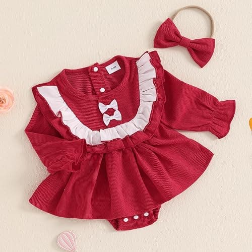 Madjtlqy Newborn Baby Girl Clothes Romper Dress Ruffles Long Sleeve Fall Winter Outfit with Headband thumbnail 7