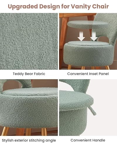 ZYKZYK Small Vanity Stool Chair with Storage and Folding Back,4 Metal Legs with Anti-Slip Feet,Round Ottoman with Velvet Seat, Furry Padded Seat for Makeup, Bedroom (Green, Small) thumbnail 8