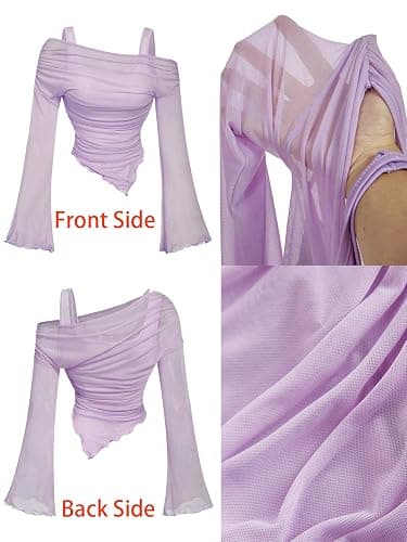 OYOANGLE Women's Long Sleeve Shirt Mesh Crop Top Asymmetrical Hem Crop Blouse Y2K Going Out Top Club Party thumbnail 6