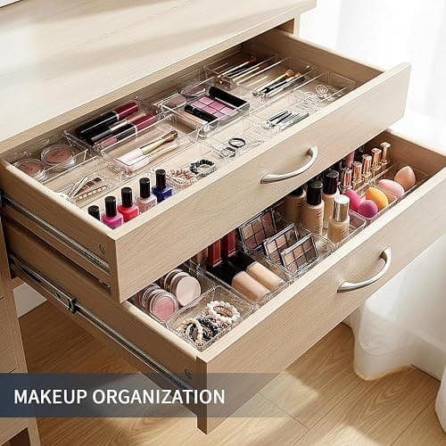 KITCHEN MONSTER 25 Pack Clear Drawer Organiser Set, 4 Size PET Storage Trays with Anti Slip Design, Stackable Drawer Dividers for Makeup, Bathroom, Kitchen and Office thumbnail 4