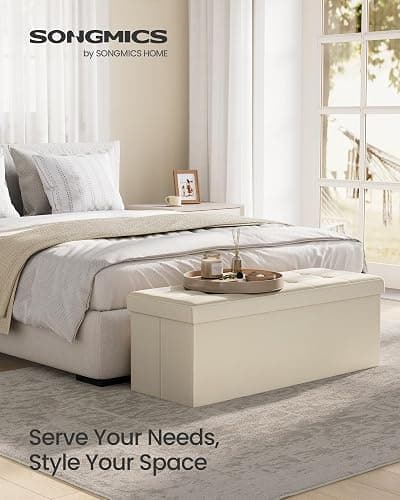 SONGMICS MAZIE Collection - 43 Inches Folding Storage Ottoman Bench, Ottoman Foot Rest, End of Bed Bench, Storage Chest, Load 660 lb, for Living Room, Bedroom, Entryway, Cream White ULSF77BE - Cream White - 15"D x 43"W x 15"H thumbnail 3