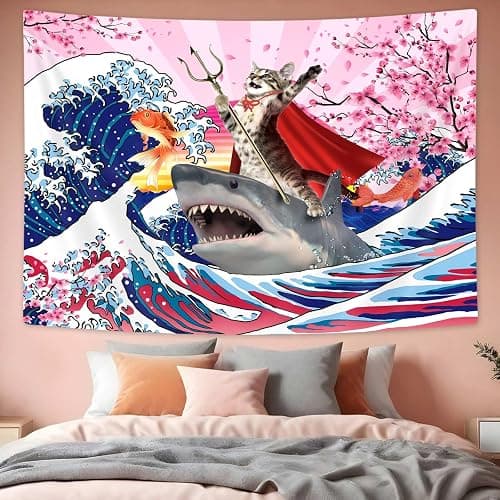 SAOLUIS Fun Cat Tapestry, Cute Cat Wall Art Tapestry Ocean Wave Theme Funny Tapestries for Kids, Japanese Style Wall Art for Bedroom Living Room Decor 60X40 Inch thumbnail 2