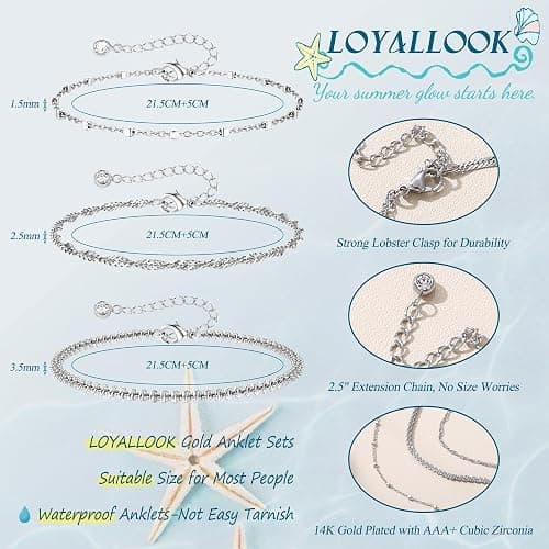 LOYALLOOK Ankle Bracelets for Women Waterproof, 14K Gold Plated Cuban Figaro Link Chain Beaded Anklets Set, Dainty Layered Anklets for Women Non Tarnish Summer Beach Foot Jewelry Adjustable Size thumbnail 3