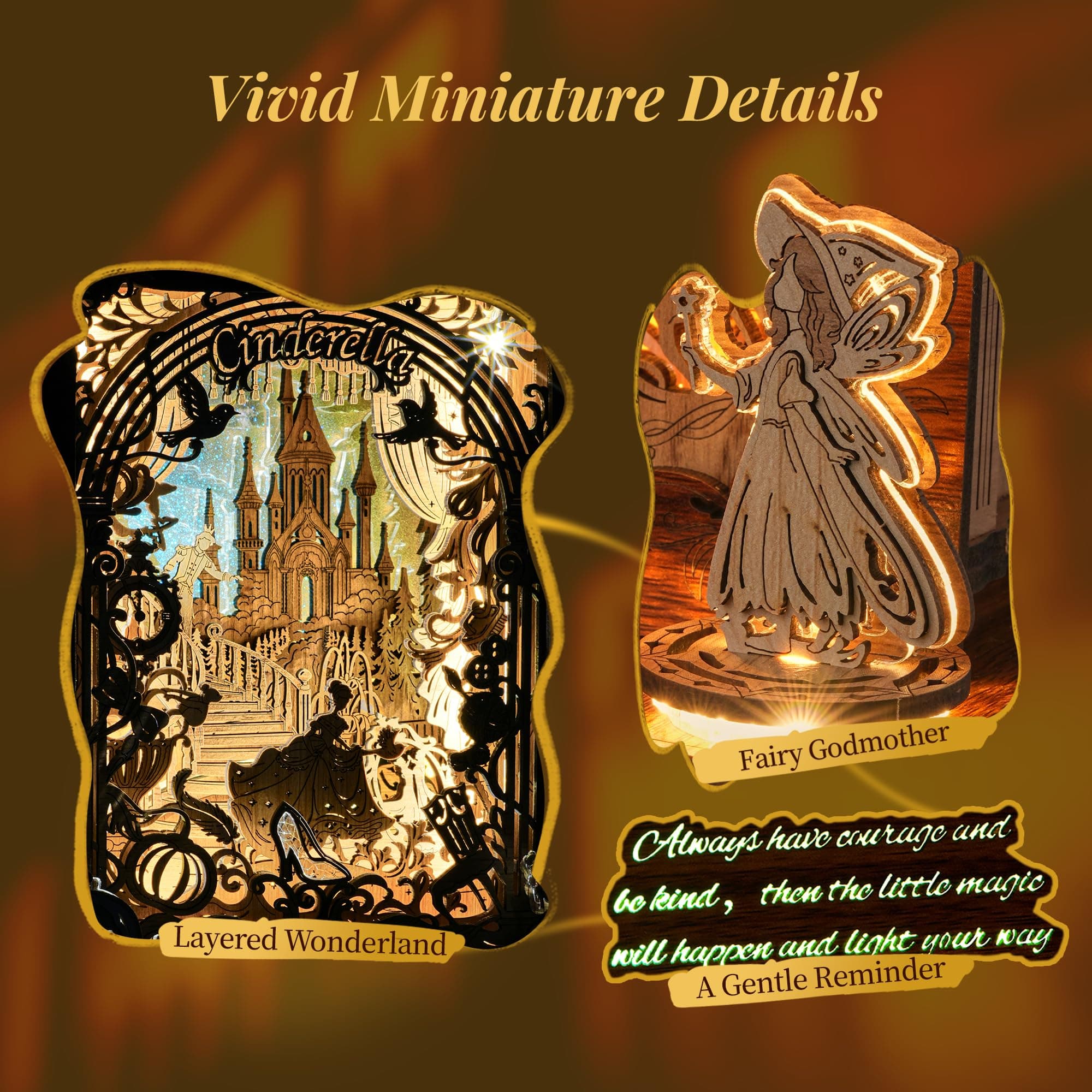 Cinderella LED 3D Wood Puzzle Nightlight – DIY Storybook Book – 3D Wood Puzzle Gifts, Home Décor for Kids and Adults thumbnail 4