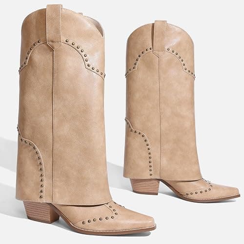 RONILURN Women Shark Boots Fold Over Mid Calf Chunky Heel Snip Toe Cowboy Cowgirl Pull On Studded Boots for Women thumbnail 6