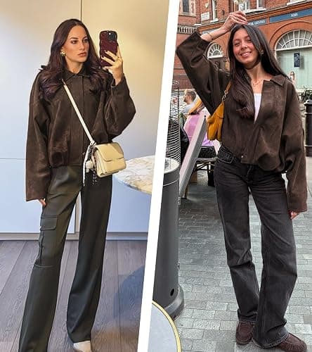 Bnigung Womens Faux Suede Bomber Jacket Casual Lapel Pilot Cropped Coat Oversized Motorcycle Jackets 2025 Outerwear thumbnail 4