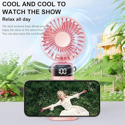 Jumkeet Handheld Fan, Mini Portable Foldable Fan with USB Rechargeable Battery 2600mAh, 5 Speeds Battery Operated Desk Desktop Fan with LED Display & Base for Home Office School Travel Outdoor (Pink) thumbnail 7