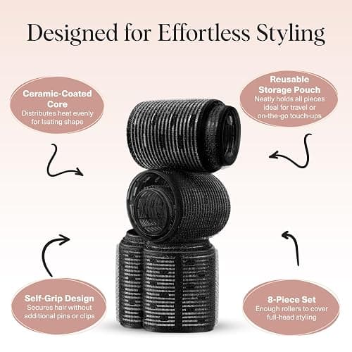 Kitsch Ceramic Thermal Hair Rollers for Women – Self Grip Hair Curlers for Heatless Curls Overnight - Volumizing Large Rollers for Short & Long Hair - For Long Lasting Frizz-Free Curls - Black, 8pcs thumbnail 4