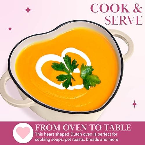 Paris Hilton Enameled Cast Iron Dutch Oven Heart-Shaped Pot with Lid, Dual Handles, Works on All Stovetops, Oven Safe to 500°F, 2-Quart, Cream thumbnail 4