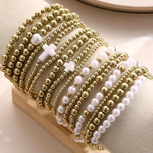 Pls Back 16 PCS Gold Bead Pearl Bracelet for Women, Gold Plated Beaded Strand Bead Ball Bracelets stack Adjustable Jewelry Set for Gifts thumbnail 4