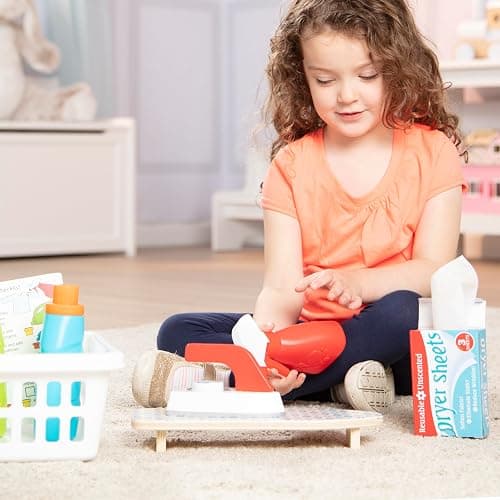 Melissa & Doug Laundry Basket Play Set with Wooden Iron, Ironing Board, and Accessories (14 Pcs) Pretend Play Laundry Set for Kids with Iron thumbnail 5