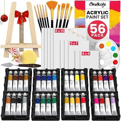 Chalkola Acrylic Paint Set for Adults & Kids - 56 Pcs Canvas Painting Kit with 32 Paints (22ml), 10 Brushes, 10 Canvases, Tabletop Easel, Palette, Knife - Professional Craft & Art Painting Supplies - Image 1