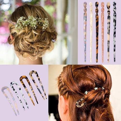 6+4P Acetate Hair Sticks Set, Coldairsoap 2 Styles Tortoise Shell Hair Pins U-Shaped Straight Chopsticks 10 Colors Vintage French Hair Forks for Women (Classic) thumbnail 2