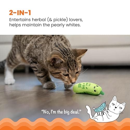 Catstages Crunchy Pickle Kicker Toy with Catnip and Dental Mesh, Pickle Shape, Plush and Crinkle Cat Toy for Kicking, Tossing, and Teeth Cleaning, Green thumbnail 2