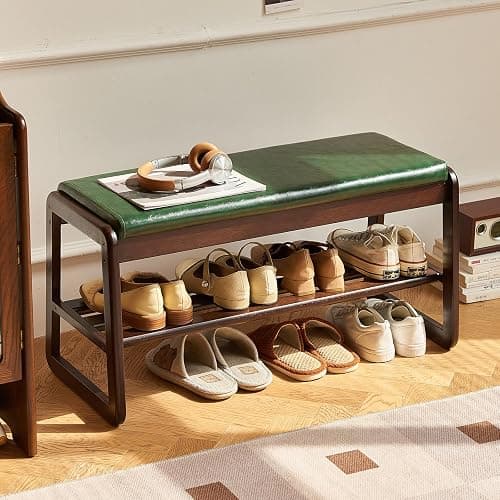 Solid Wood Shoe Bench, 2-Tier Wooden Storage Entryway Bench, Mid-Century Modern Shoe Bench Rack, End of Bed Bench with Faux Leather Cushion, Ottoman Bench for Hallway, Living Room (Walnut, 31.5'') - Image 1