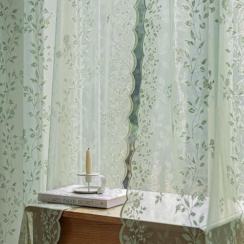 Sage Green Lace Curtains 84 Inches Long Victorian Floral Semi Sheer Curtains for Living Room Bedroom Decor Drapes Rod Pocket Light Filtering Vintage Window Curtains 2 Panels Set for Dining Room, 55x84 thumbnail 6